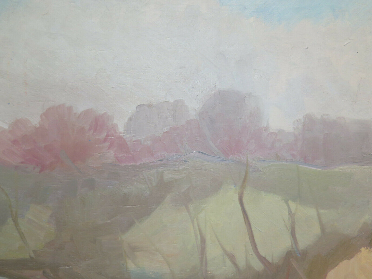 97x41 cm VINTAGE OIL PAINTING ON PANEL LANDSCAPE COUNTRY VIEW P27 