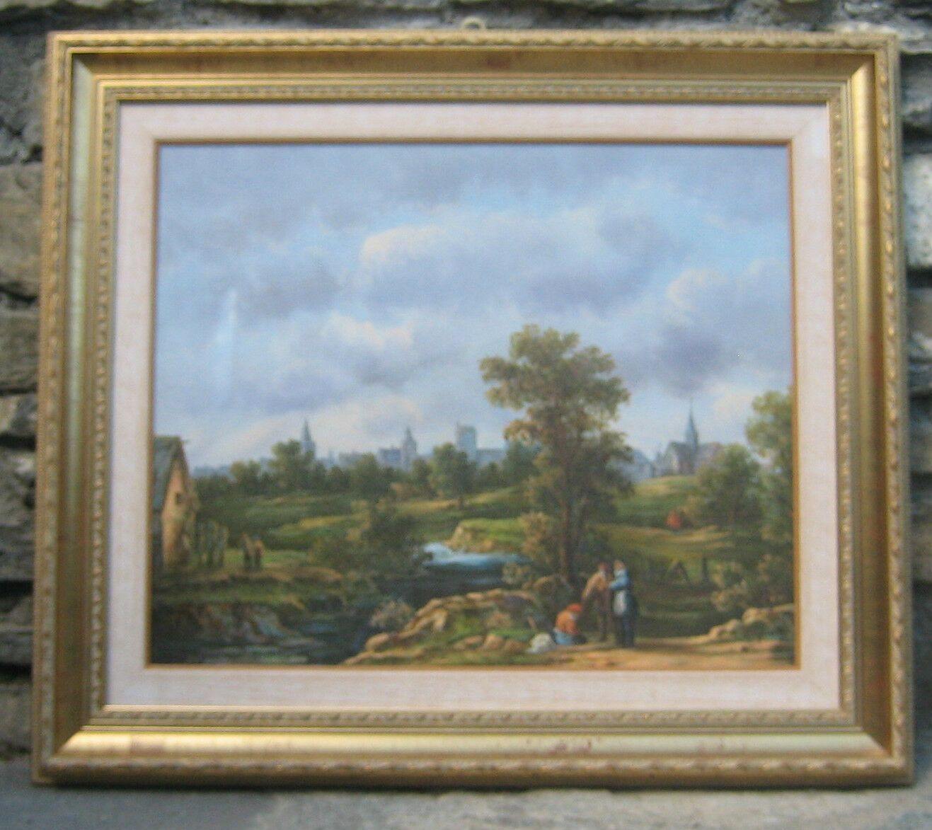 QUADRO AD OLIO PAESAGGIO NORDICO CON CORNICE DORATA IN LEGNO NORD EUROPA - Belbello Antiques