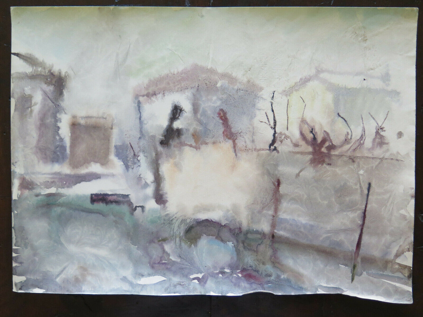 VINTAGE WATERCOLOR PAINTING VIEW OF TOWN IN WINTER DRAWING P14