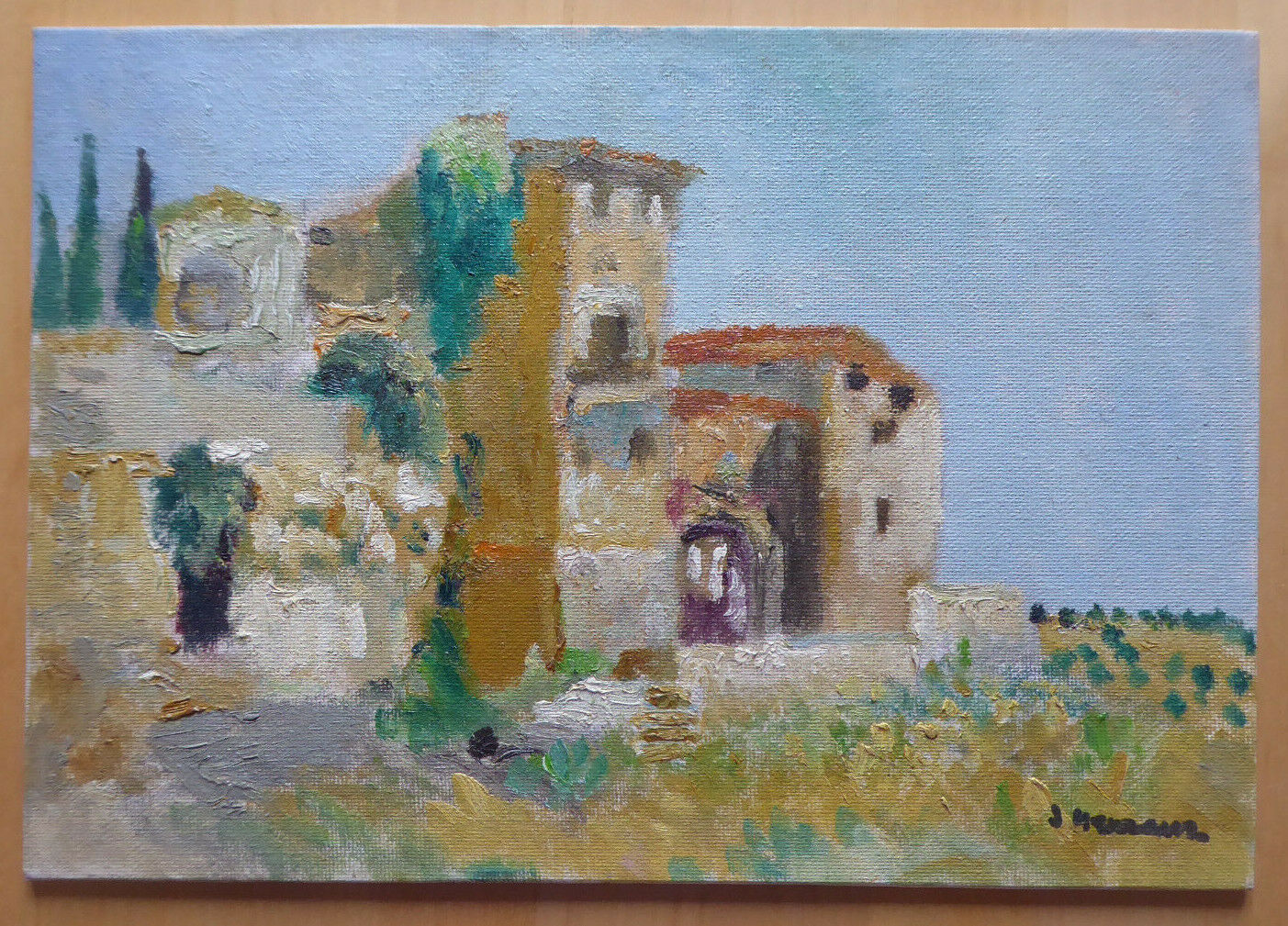 VECCHIO QUADRO DIPINTO PAESAGGIO OLIO OPERA DEL PITTORE SPAGNOLO J. HERRANZ MD2