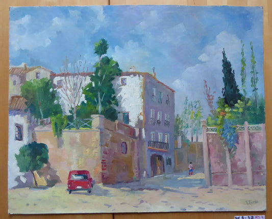 SPANISH VILLAGE OLD OIL PAINTING SIGNED R. RUEDA SPAIN '900 MD3