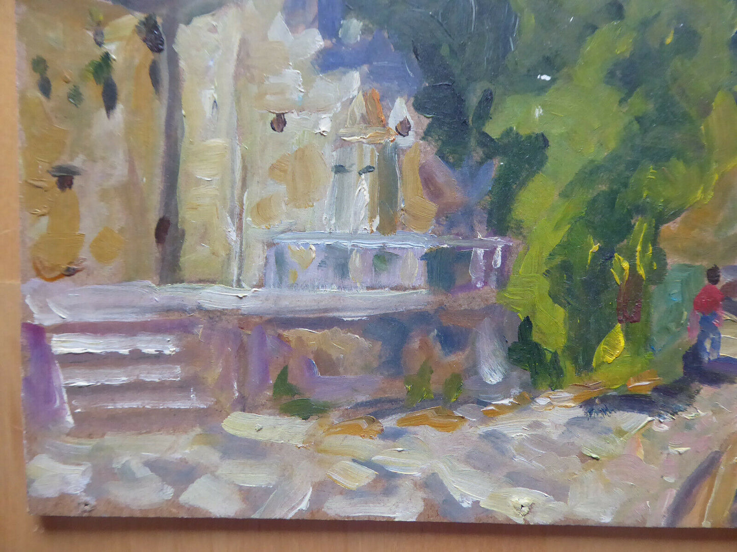 OIL PAINTING ON VINTAGE PANEL SPAIN MID 20TH CENTURY VIEW OF MADRID GARDENS MD2 