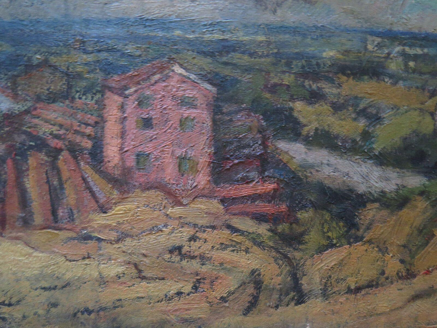 QUADRO ANTICO DIPINTO OLIO SU TAVOLA PAESAGGIO CAMPAGNA VEDUTA DALLA COLLINA p8 - Belbello Antiques