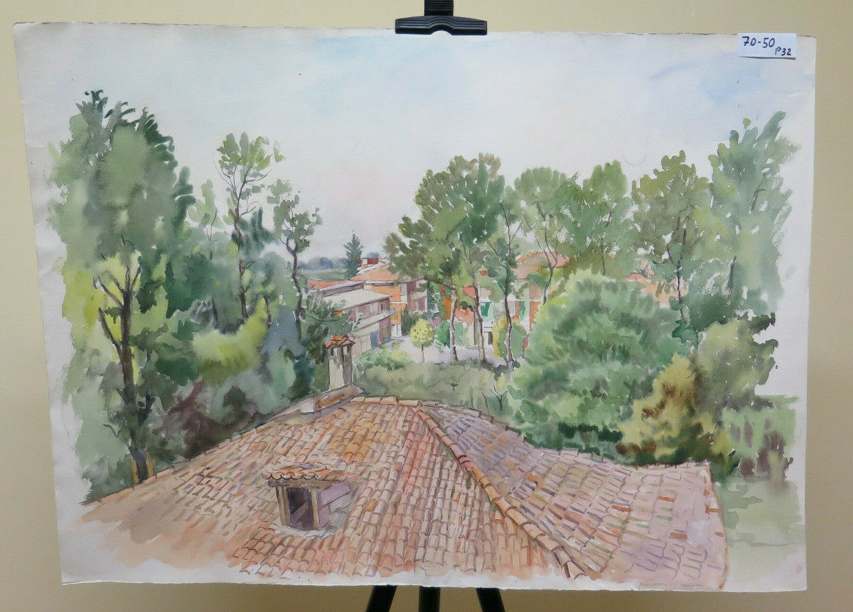 70x50 cm VINTAGE PAINTING WATERCOLOR LANDSCAPE VIEW OF TOWN P32