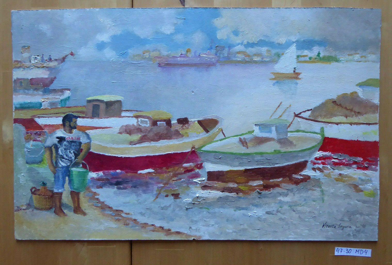 VECCHIO DIPINTO OLIO SU TAVOLA MARINA BARCHE FIRMATO SEGURA SPAGNA '900 MD4 - Belbello Antiques