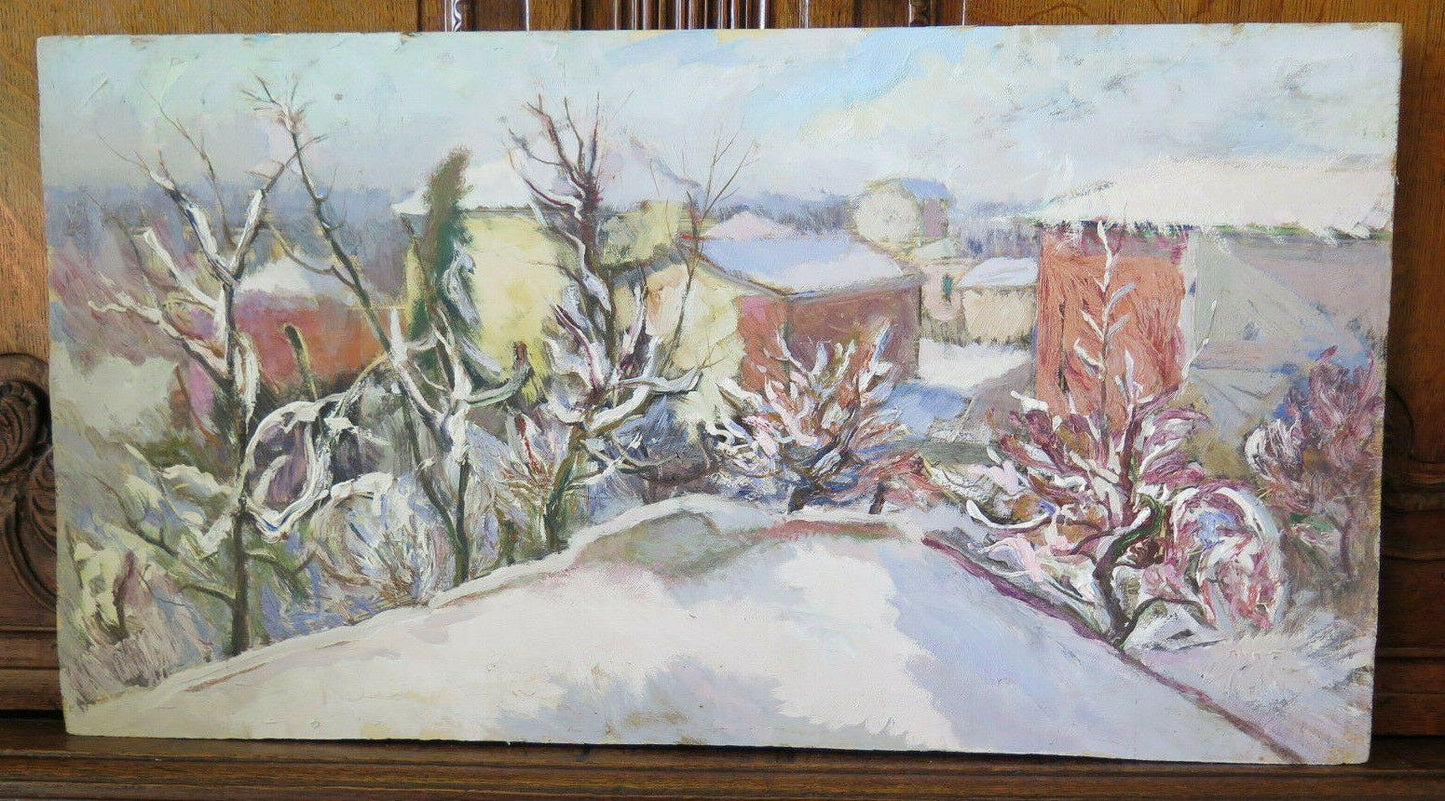 79x42 cm QUADRO AD OLIO DIPINTO VINTAGE VEDUTA PAESE STILE IMPRESSIONISTA P20 - Belbello Antiques