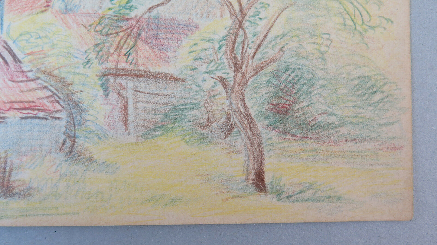 OLD DRAWING SIGNED BISCHOFF 1960s COUNTRYSIDE VIEW PENCIL PAPER BM53.2 