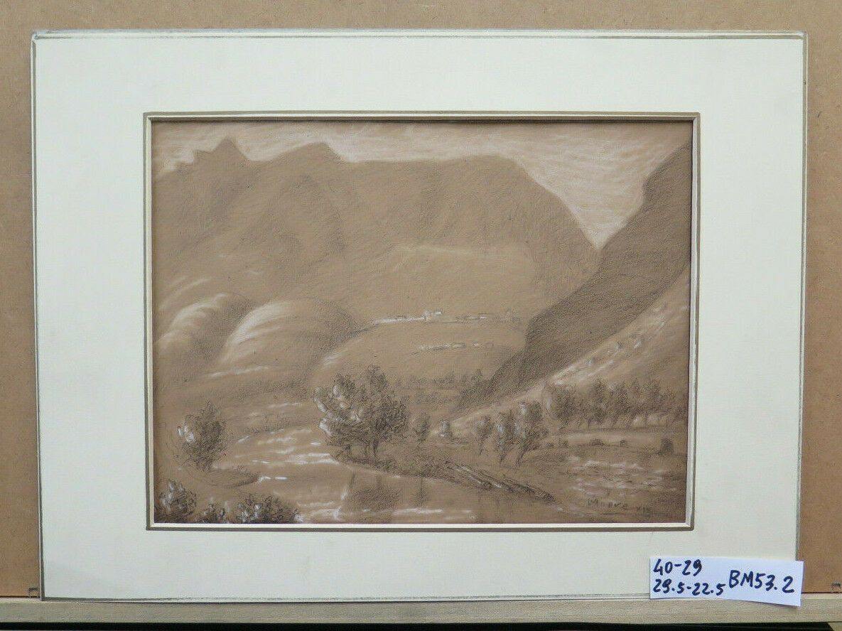 DISEGNO ANTICO MATITA SU CARTA PAESAGGIO MONTAGNE FIRMATO FRANCIA '800 BM53.2 - Belbello Antiques