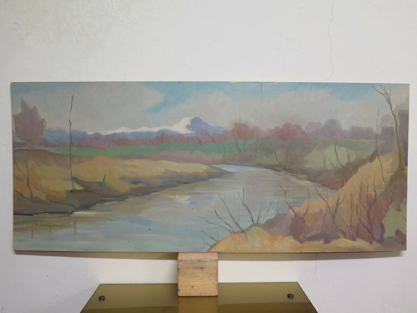 97x41 cm VINTAGE OIL PAINTING ON PANEL LANDSCAPE COUNTRY VIEW P27 