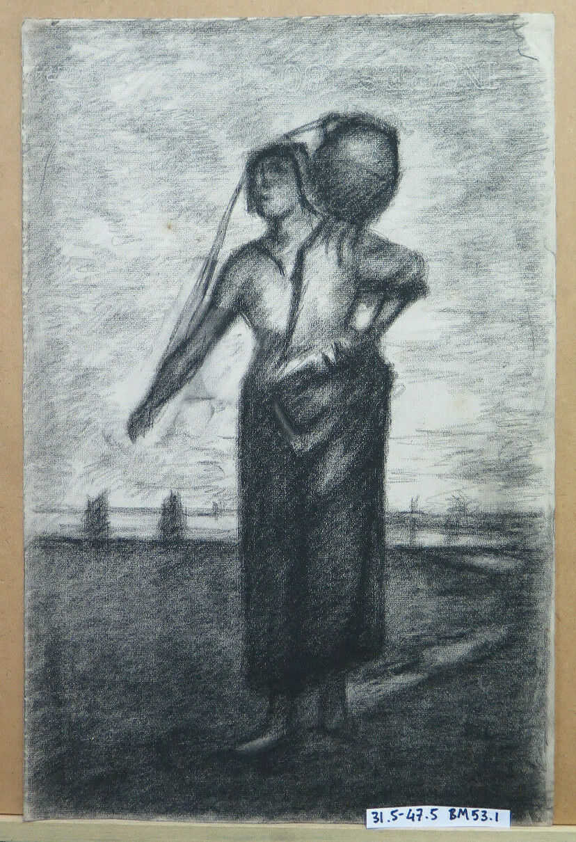 WOMAN WITH JUG ON SHOULDERS ANTIQUE DRAWING PAINTER Pierre Duteurtre DUT BM53.1