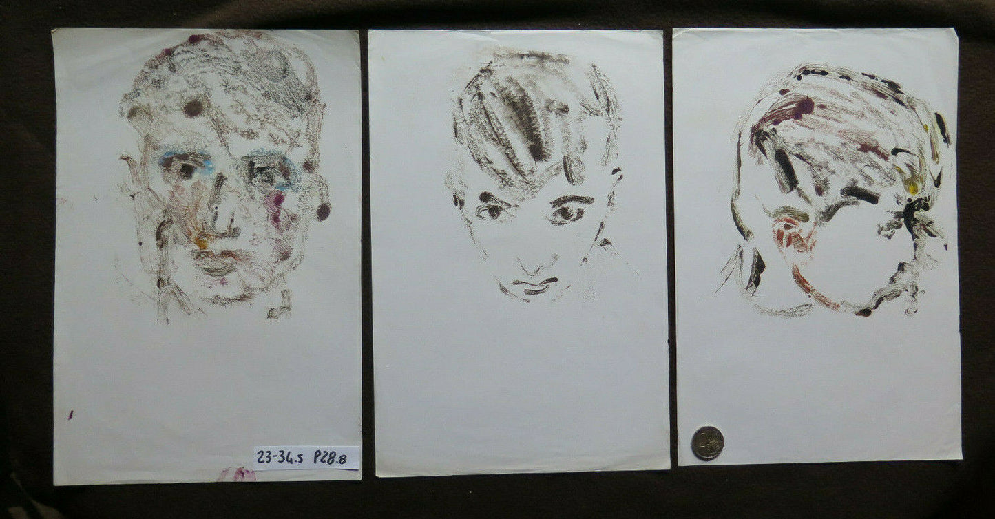 THREE ANTIQUE PAINTINGS MALE PORTRAIT WATERCOLOR PAPER SKETCH SKETCH P28.8