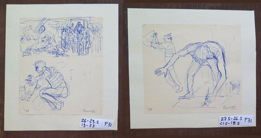 PAIR OF SIGNED SKETCH DRAWINGS DATED '68 FIGURES AT WORK P31