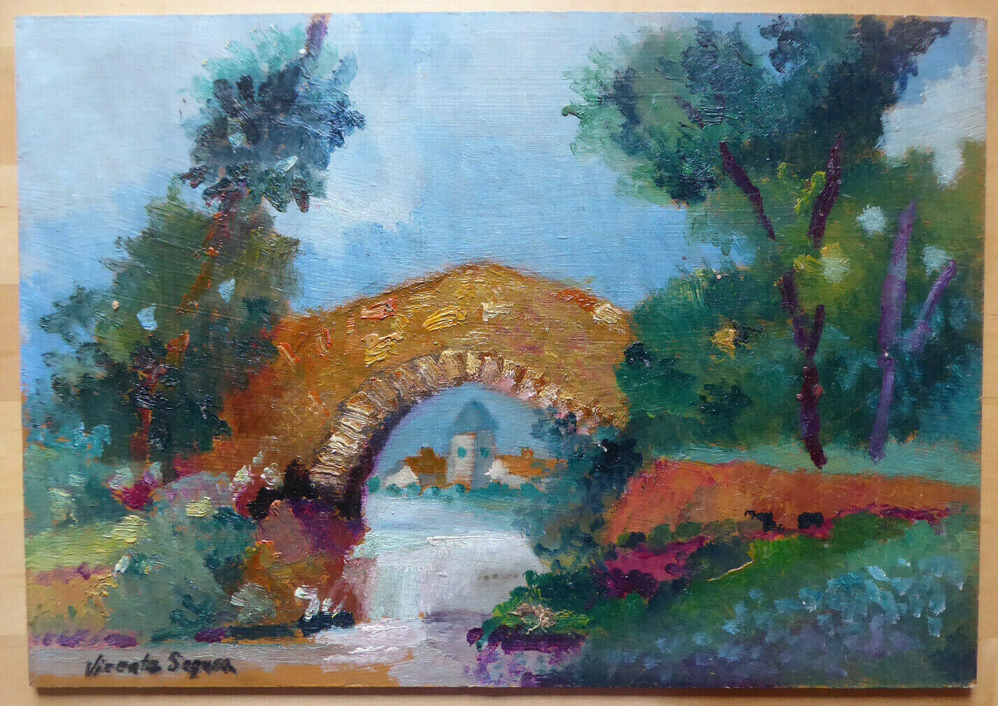 ROMANTIC COUNTRYSIDE VIEW VINTAGE PAINTING SIGNED BY PAINTER V. Segura SPAIN MD1 