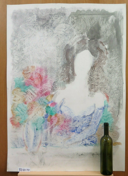 FEMALE NUDE WITH FLOWERS PAINTING IN ICE WATERCOLOR 1980s P35