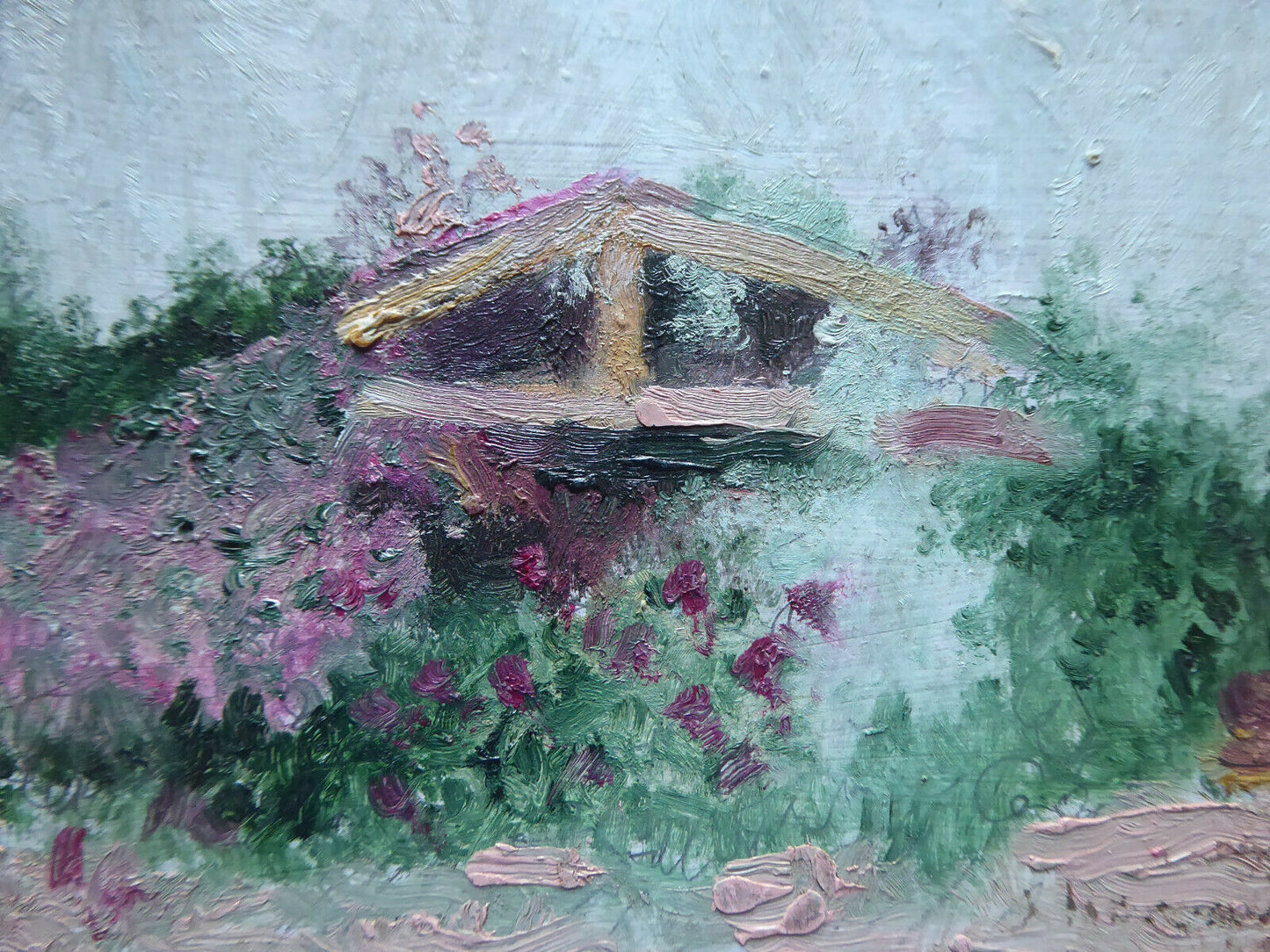 OLD OIL PAINTING ON SMALL PAINTING LANDSCAPE IN FLOWERING VINTAGE MD1 