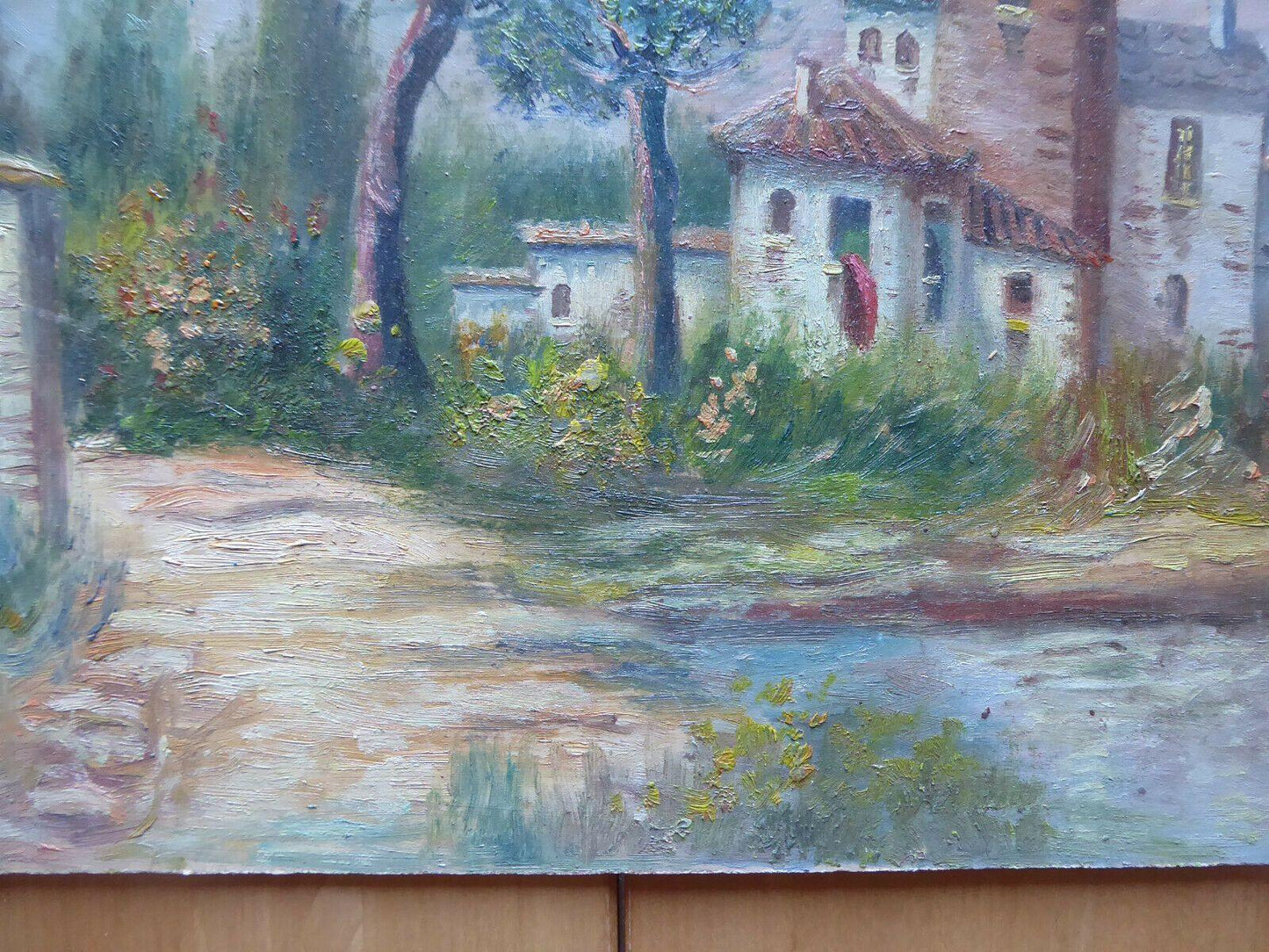 VECCHIO DIPINTO IN STILE IMPRESSIONISTA PAESAGGIO CAMPAGNA SPAGNA FIRMATO MD4 - Belbello Antiques