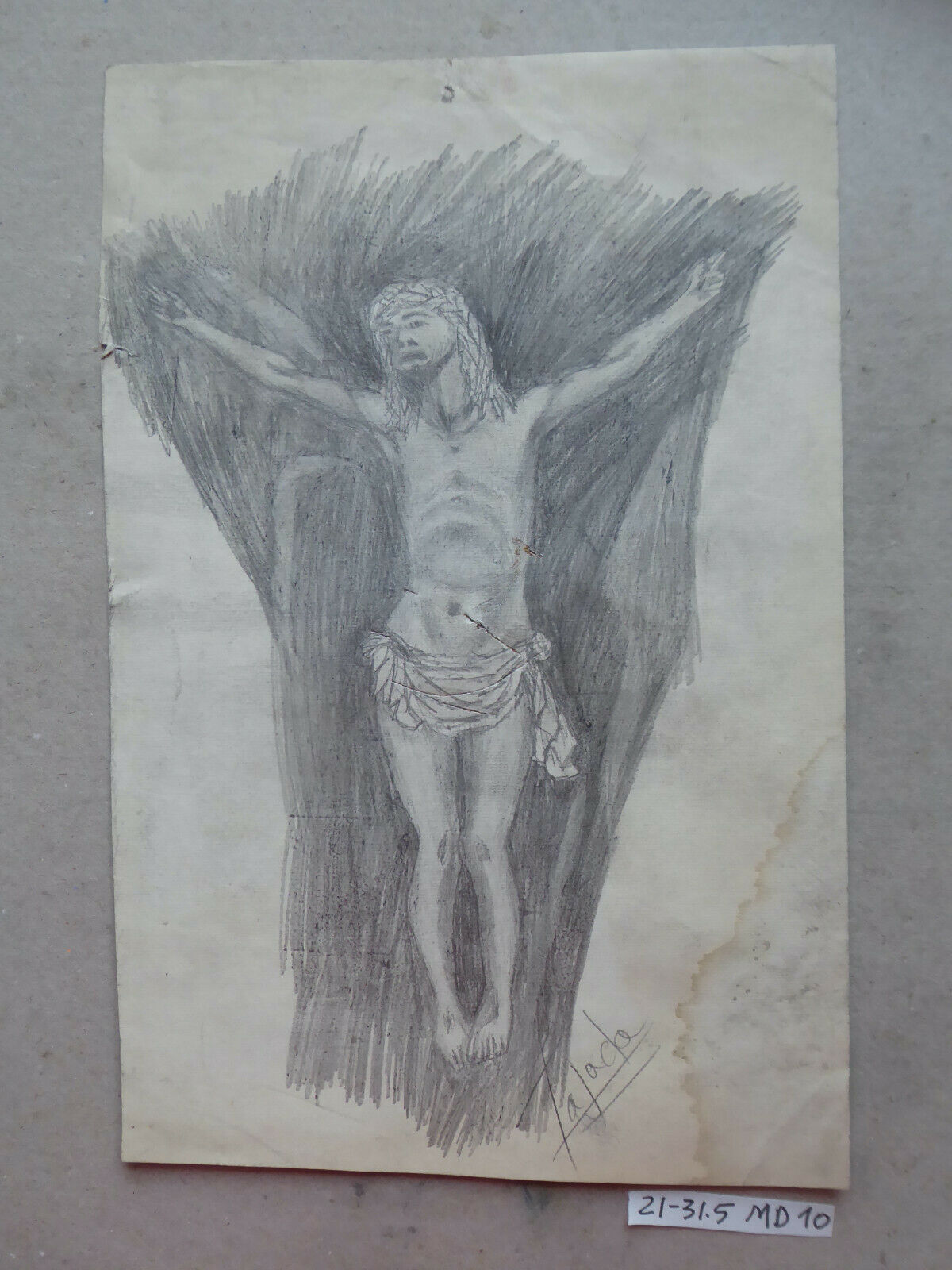 DISEGNO FIRMATO TAJADA CROCIFISSIONE GESÙ CRISTO CROCE VINTAGE VECCHIO MD10 - Belbello Antiques