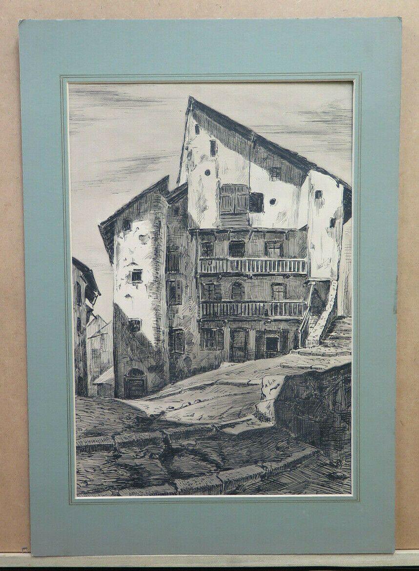 QUADRO ANTICO DIPINTO A CHINA FIRMATO VEDUTA BORGO DI MONTAGNA DISEGNO BM53.2 - Belbello Antiques