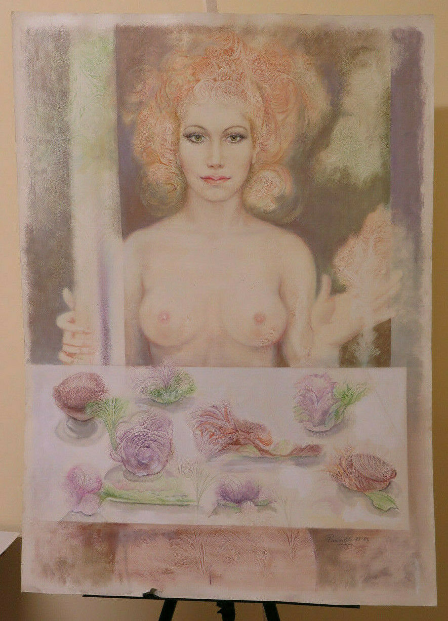 72x101 cm QUADRO DIPINTO AD ACQUERELLO CON TECNICA DEL GELO NUDO FEMMINILE P33.3