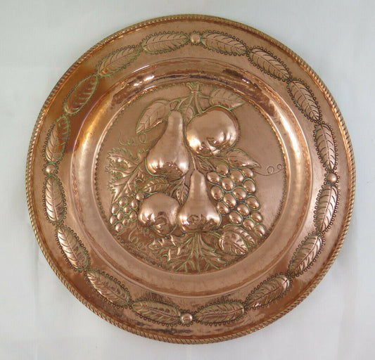 LARGE ANTIQUE COPPER EMBOSSED PLATE WITH GRAPES FRUIT CENTERPIECE R90