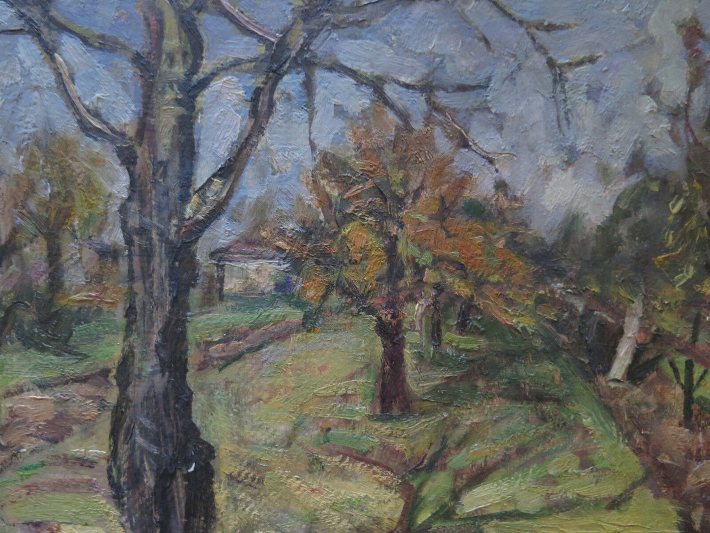 THE ORCHARD AFTER THE HARVEST ANTIQUE OIL PAINTING ON ORIGINAL PANEL p8