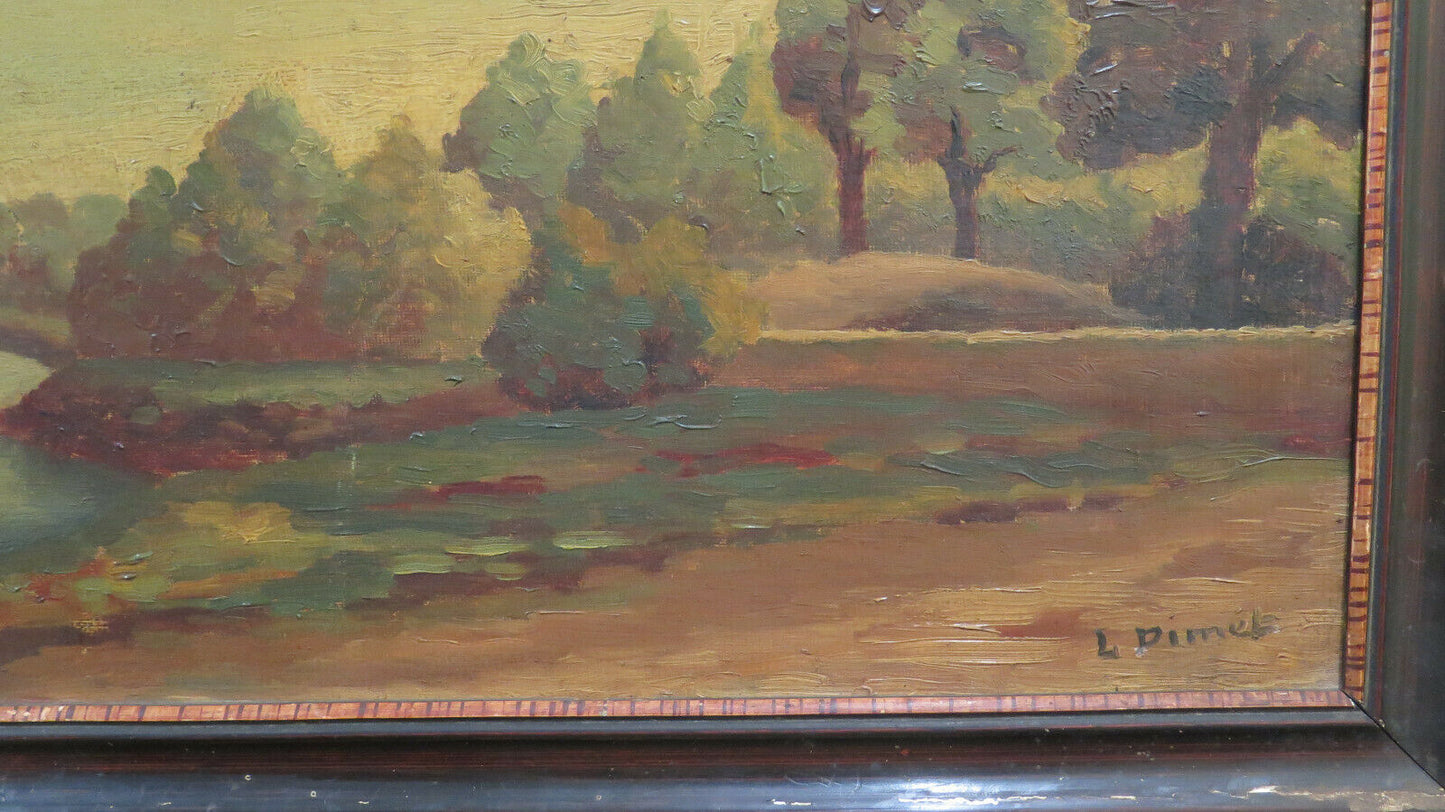 ANTIQUE PAINTING LAKE LANDSCAPE FRANCE EARLY 20TH CENTURY SIGNED OIL PAINTING BM51