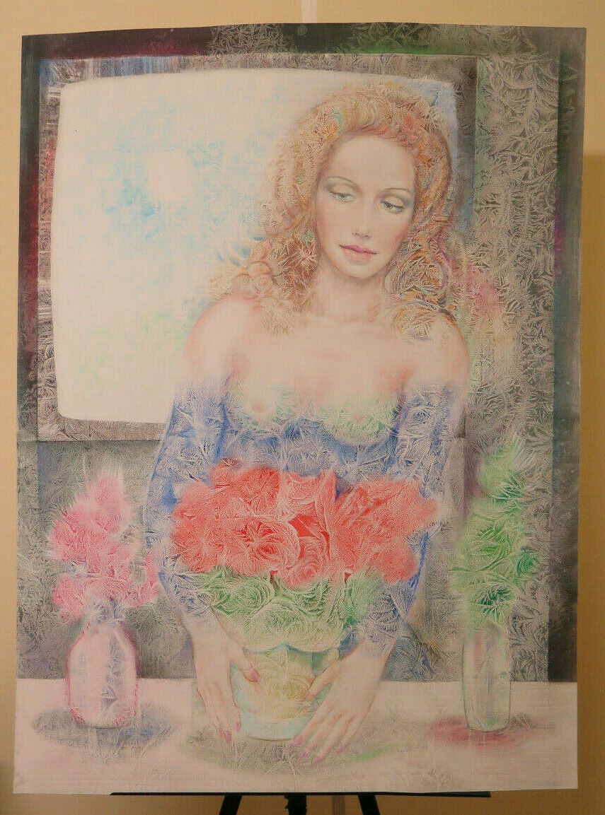 71x96 cm QUADRO VINTAGE DIPINTO TECNICA SPERIMENTALE RITRATTO FEMMINILE P33.3