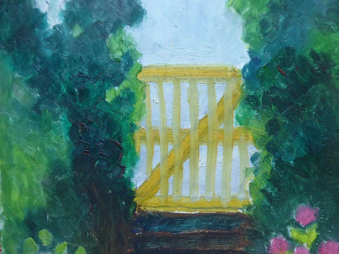 VECCHIO DIPINTO DI PICCOLE DIMENSIONI GIARDINO IN FIORE CON GALLINE QUADRO MD4 - Belbello Antiques