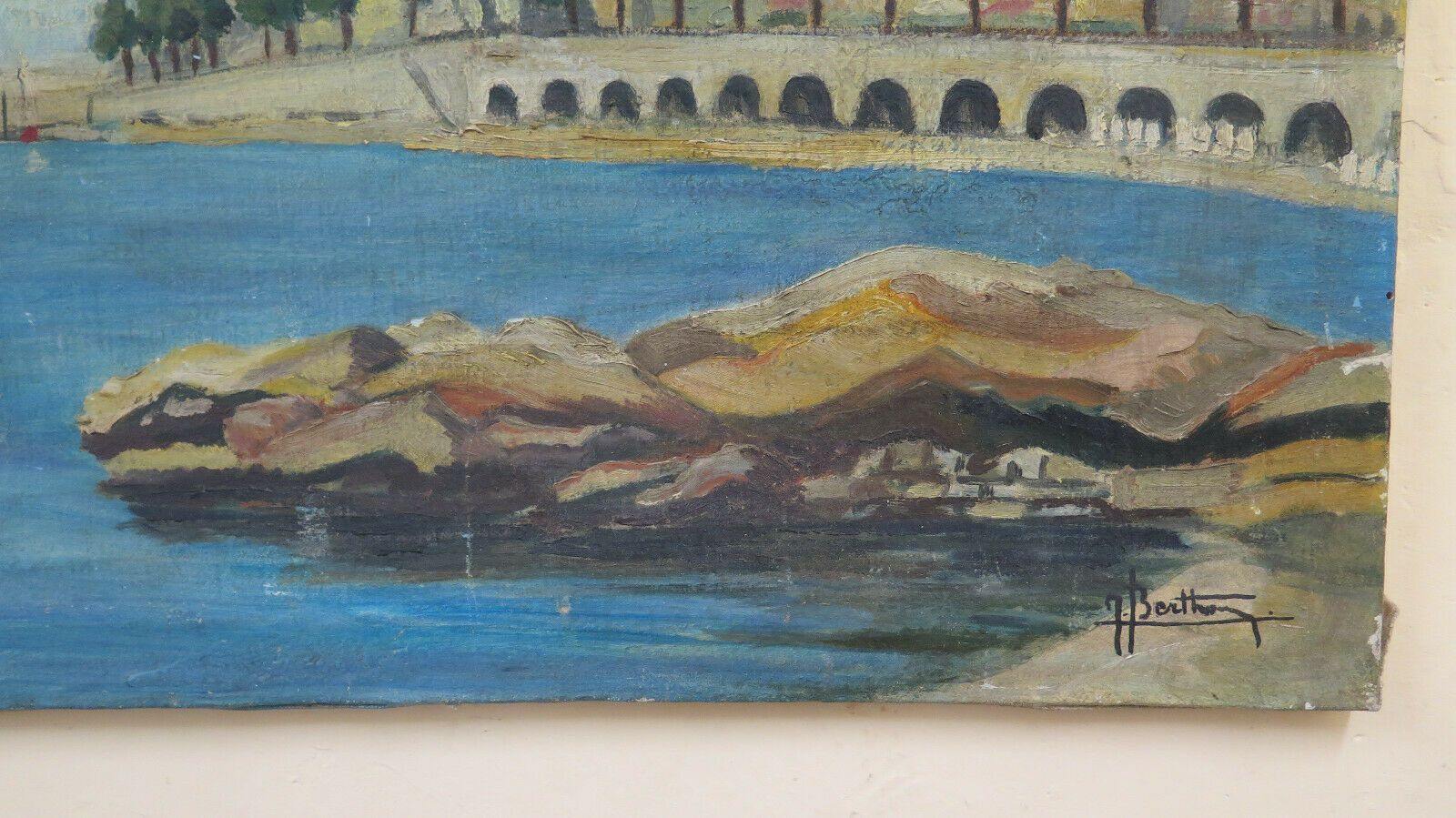 QUADRO AD OLIO VEDUTA DI MENTONE MENTON COSTA AZZURRA FIRMATO BERTHOMIEU BM45 - Belbello Antiques