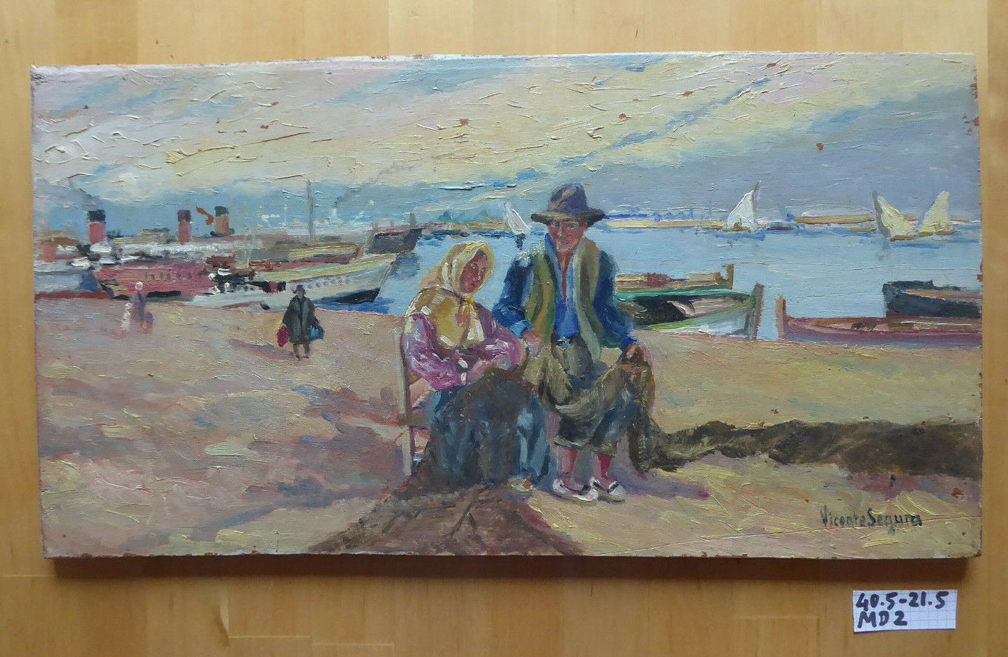 OIL PAINTING ON TABLE SEA SCENE BOATS FISHERMEN PAINTING SIGNED SEGURA MD2 