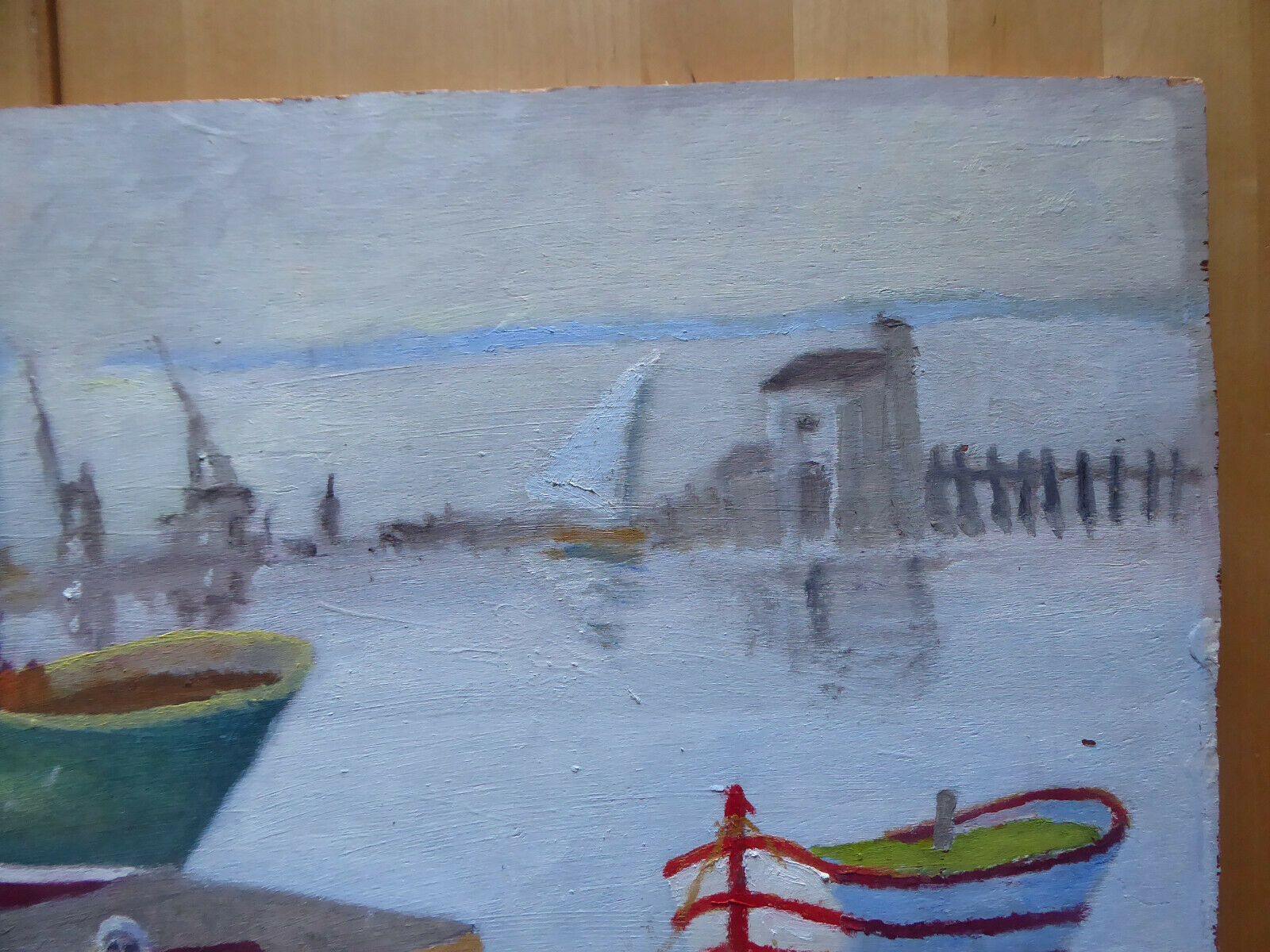 QUADRO AD OLIO MARINA BARCHE ORMEGGIATE AL PORTO VICENTE SEGURA (1930-2015) MD4 - Belbello Antiques