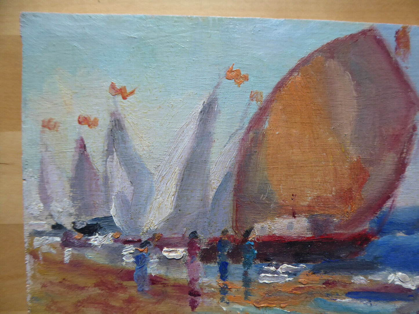 OLD PAINTING OIL SKETCH ON TABLE VIEW OF BLUE SEA WITH BOATS MD1 