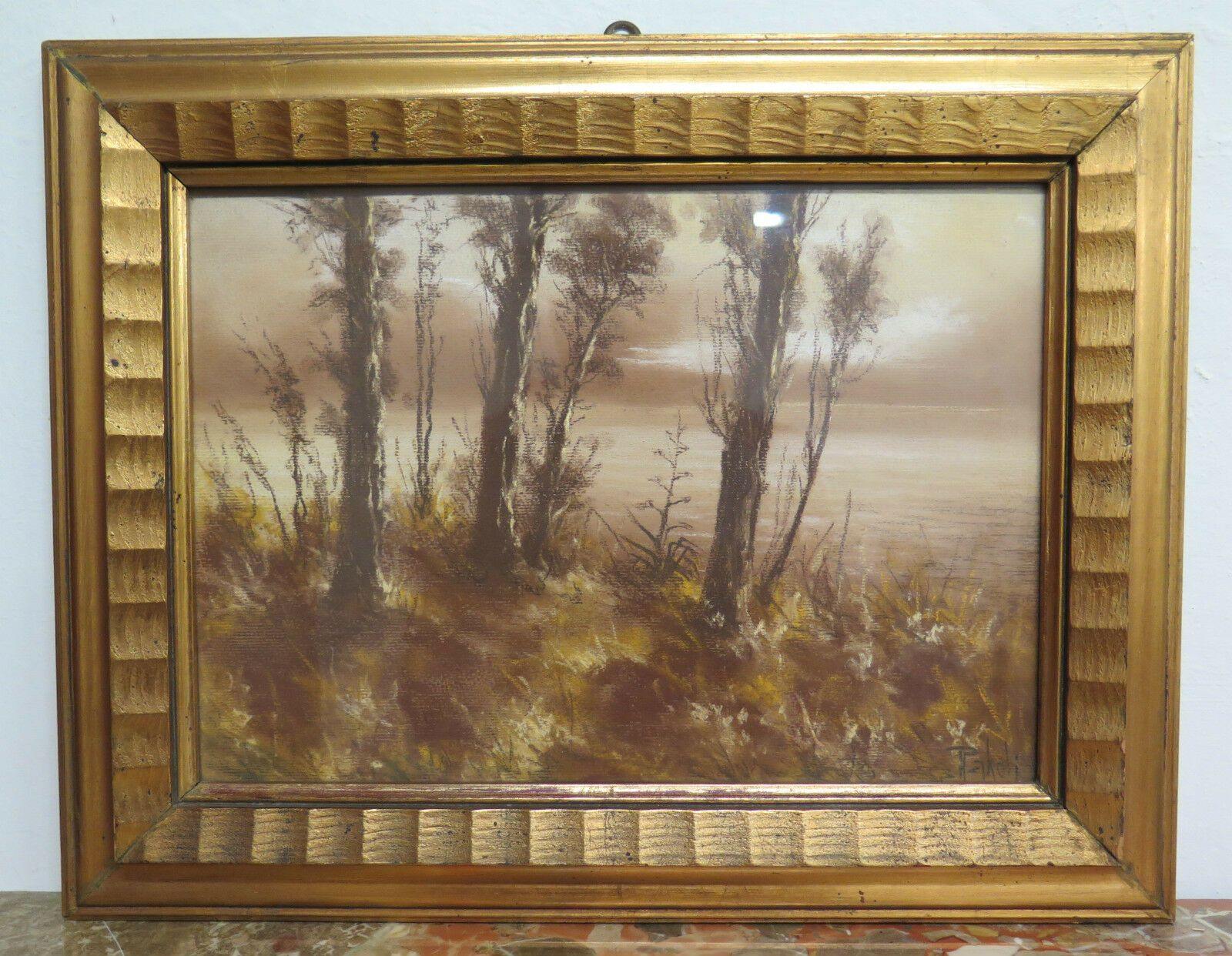 QUADRO ANTICO PAESAGGIO AUTUNNALE DIPINTO MATITA COLORATA SU CARTA ORIGINALE G4 - Belbello Antiques