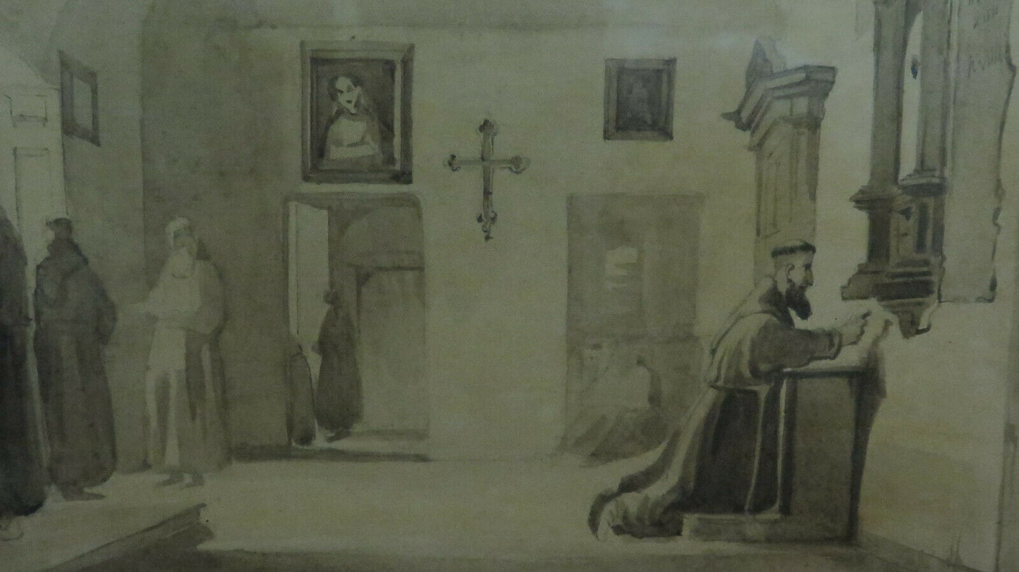 LA SACRESTIA QUADRO ANTICO DIPINTO ACQUERELLO FRATI CHIESA ITALIA '800 BM40