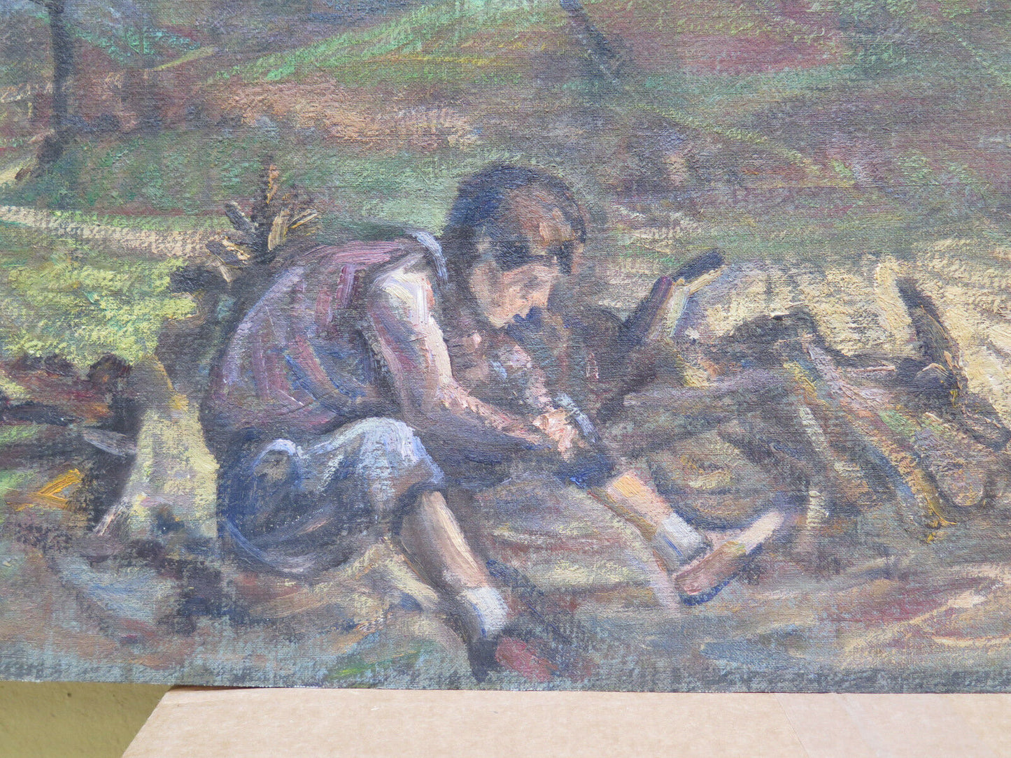 ANTIQUE PAINTING FROM THE 50S PORTRAIT OF A CHILD PLAYING OIL PAINTING ON TABLE