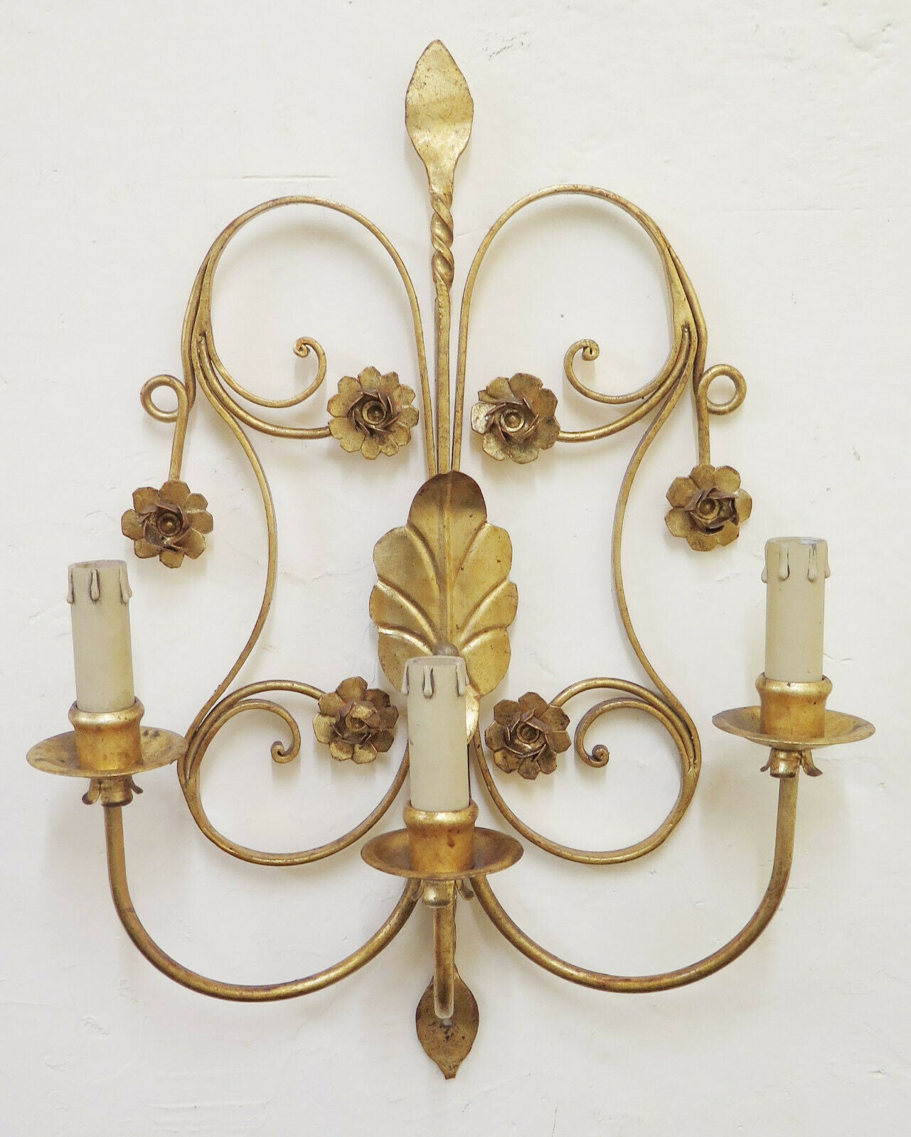 PAIR OF WALL LIGHTS IN VINTAGE GOLDEN WROUGHT IRON HANDMADE ITALY CH17 