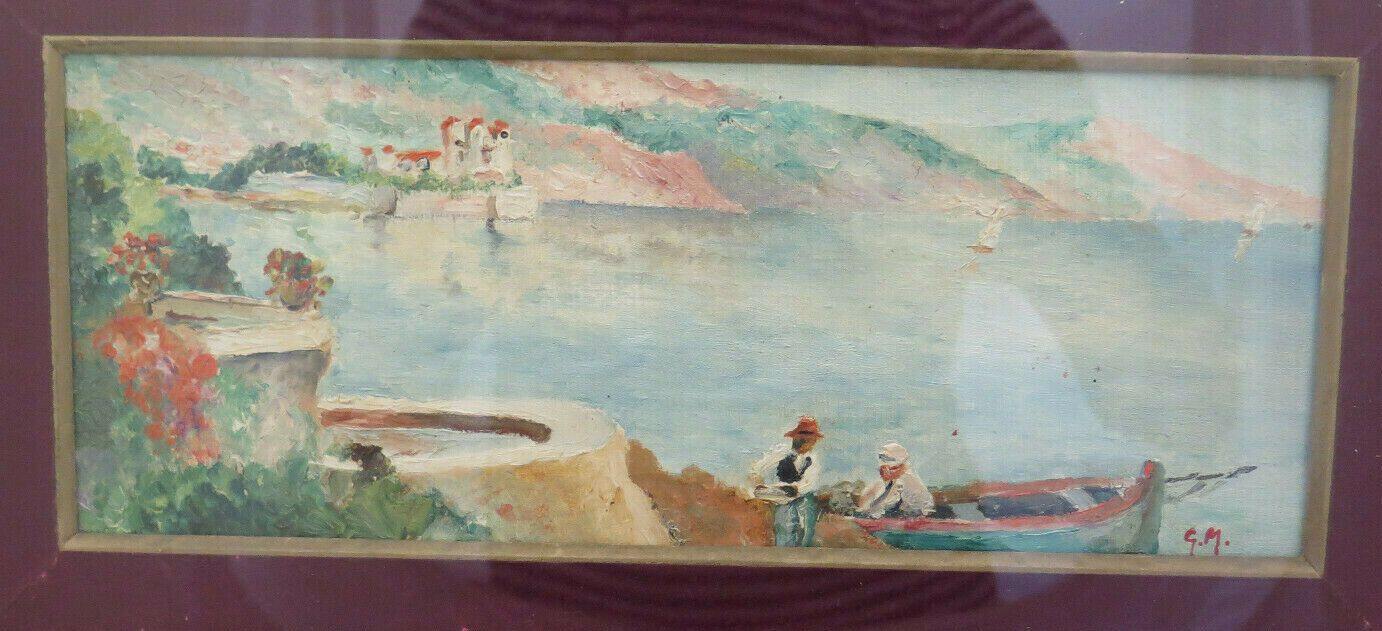 QUADRO D'EPOCA PAESAGGIO RIVIERA FRANCESE MEDITERRANEO DIPINTO OLIO FIRMATO BM45 - Belbello Antiques