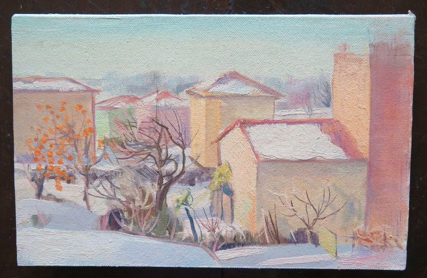 ANTICO DIPINTO OLIO SU TAVOLA QUADRO IN STILE IMPRESSIONISTA PAESAGGIO NEVE p16 - Belbello Antiques