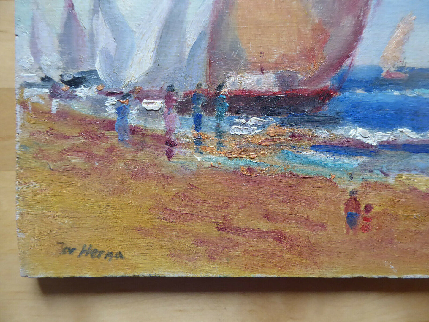 OLD PAINTING OIL SKETCH ON TABLE VIEW OF BLUE SEA WITH BOATS MD1 