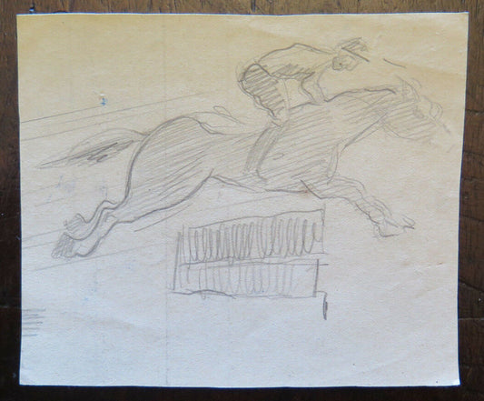 ANTIQUE DRAWING PENCIL SKETCH ON PAPER EQUESTRIAN SUBJECT HORSE RACING P28.5