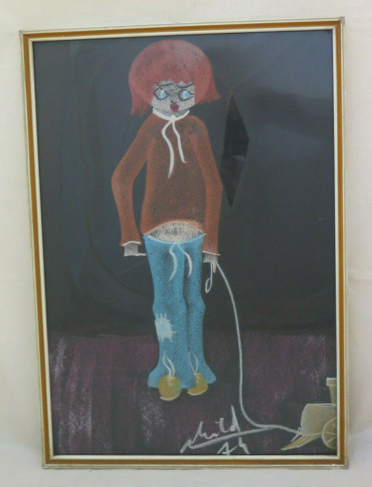 MODERN PAINTING SIGNED CHALK ON PAPER PORTRAIT OF A VINTAGE CHILD FROM THE 70S BM51 