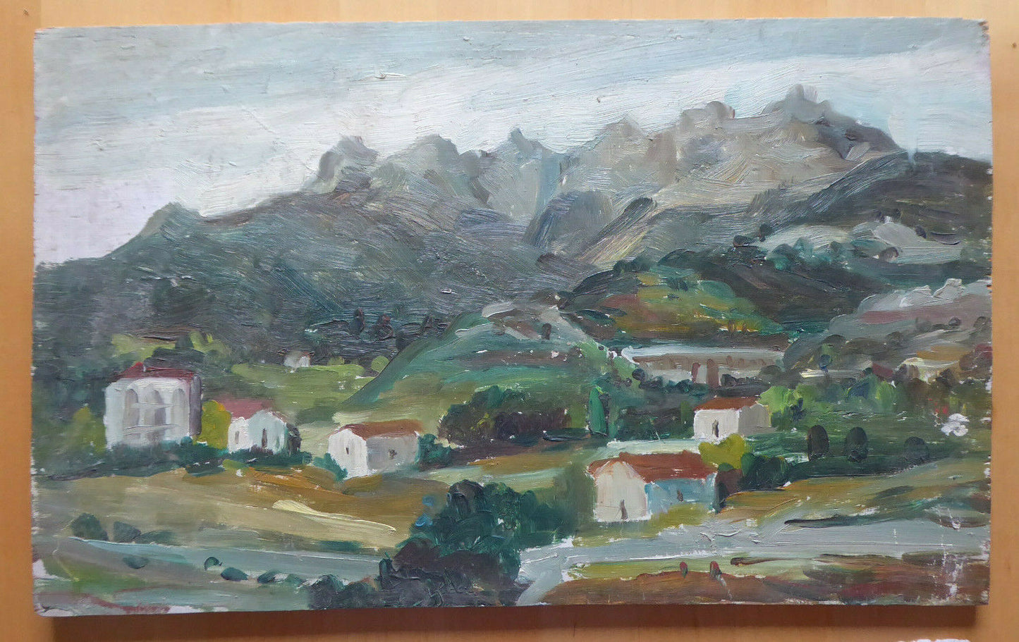 OLD OIL PAINTING ON VINTAGE PANEL SPAIN MID 20TH CENTURY COUNTRYSIDE LANDSCAPE MD2 