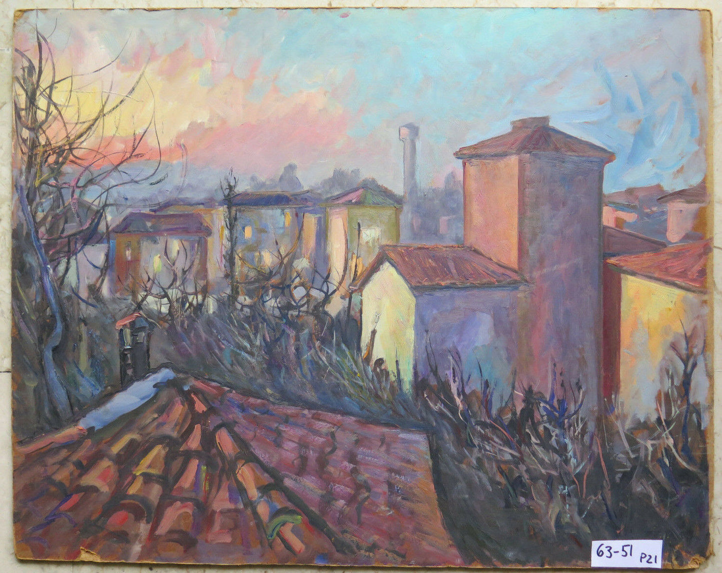 63x51 cm VINTAGE OIL PAINTING OF TOWN VIEW IMPRESSIONIST STYLE P21 