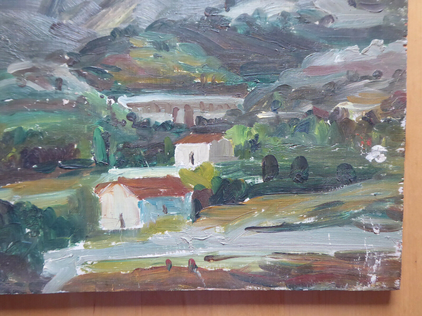 OLD OIL PAINTING ON VINTAGE PANEL SPAIN MID 20TH CENTURY COUNTRYSIDE LANDSCAPE MD2 