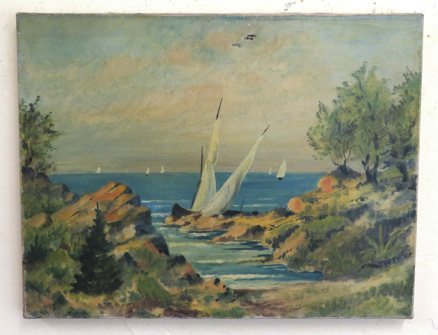 QUADRO OLIO TELA PAESAGGIO MARE RIVIERA FRANCESE PROVENZA CON BARCHE A VELA BM38