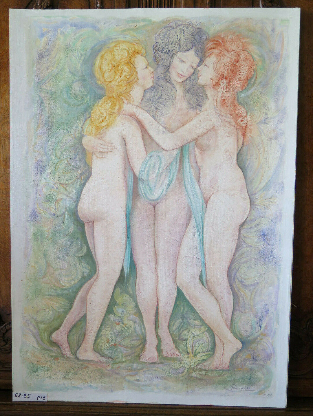 68x95 cm QUADRO VINTAGE TRA GRAZIE TECNICA MISTA NUDO FEMMINILE FIRMATO P19