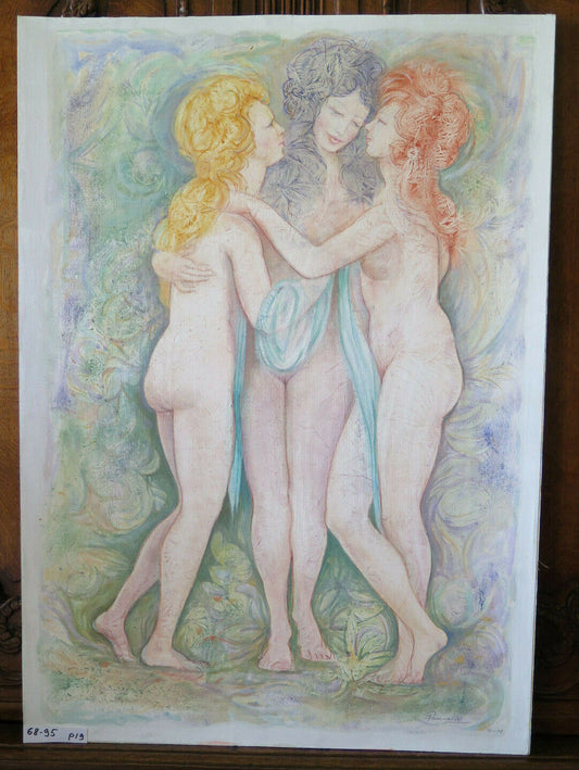 68x95 cm QUADRO VINTAGE TRA GRAZIE TECNICA MISTA NUDO FEMMINILE FIRMATO P19