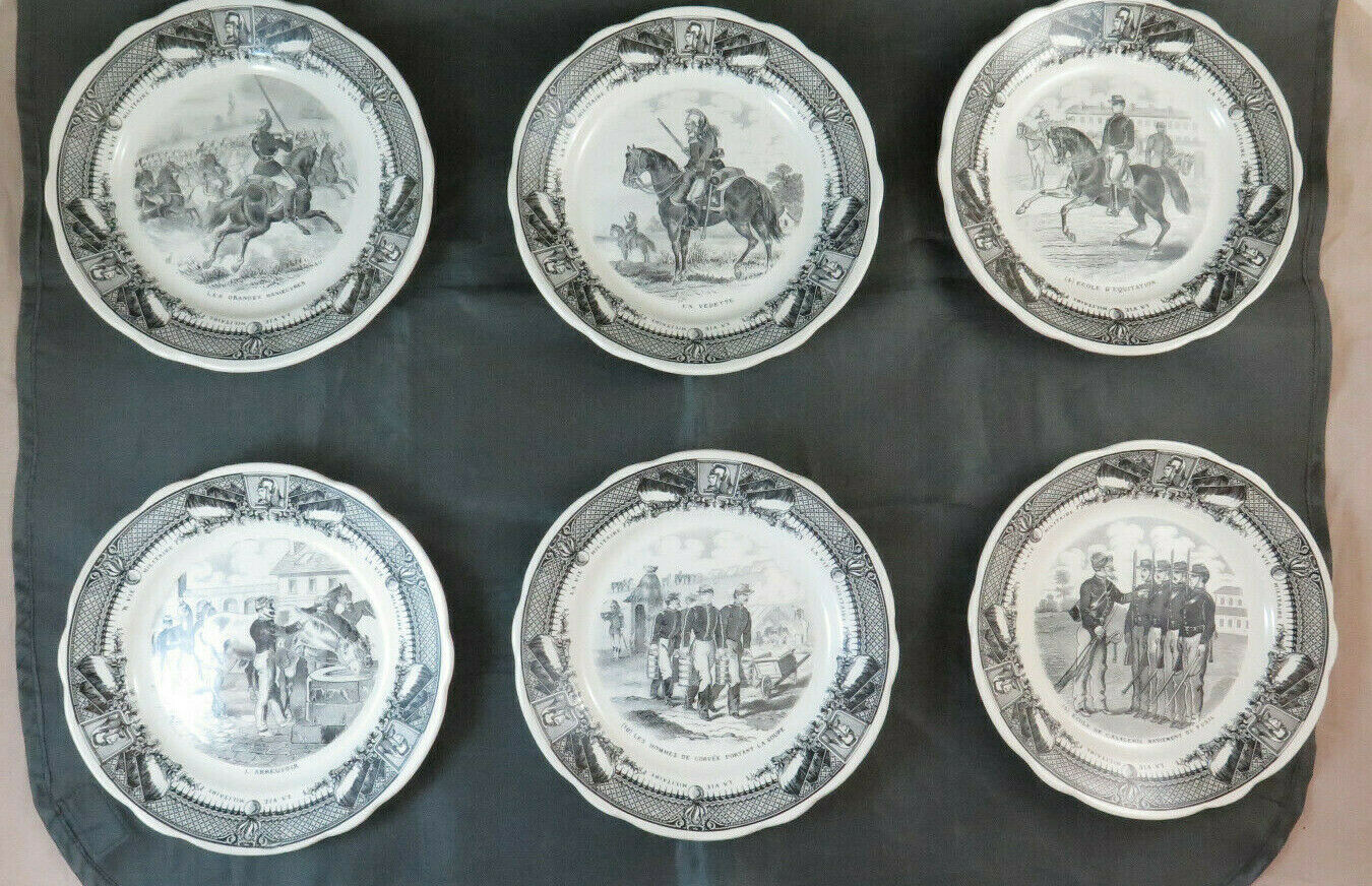 6 CERAMIC PLATES SARREGUEMINES LA VIE MILITAIRE FRANCE PORCELAIN BM32 