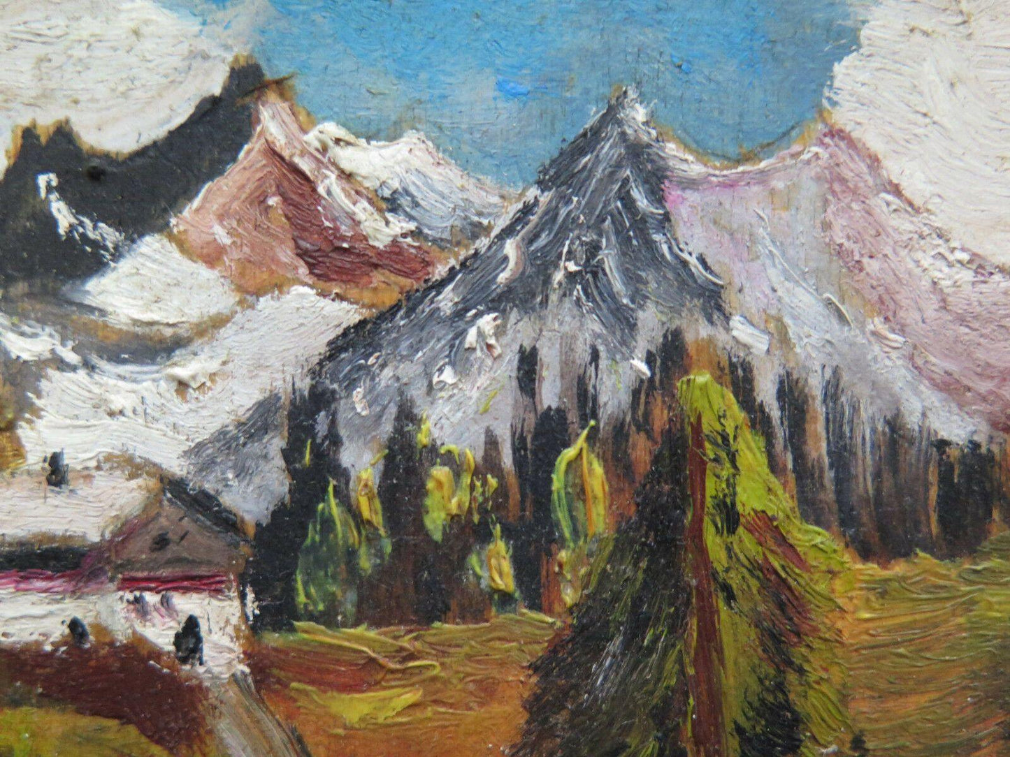 ANTICO DIPINTO AD OLIO SU TAVOLA PAESAGGIO DI MONTAGNA VEDUTA DELLE ALPI c6 - Belbello Antiques