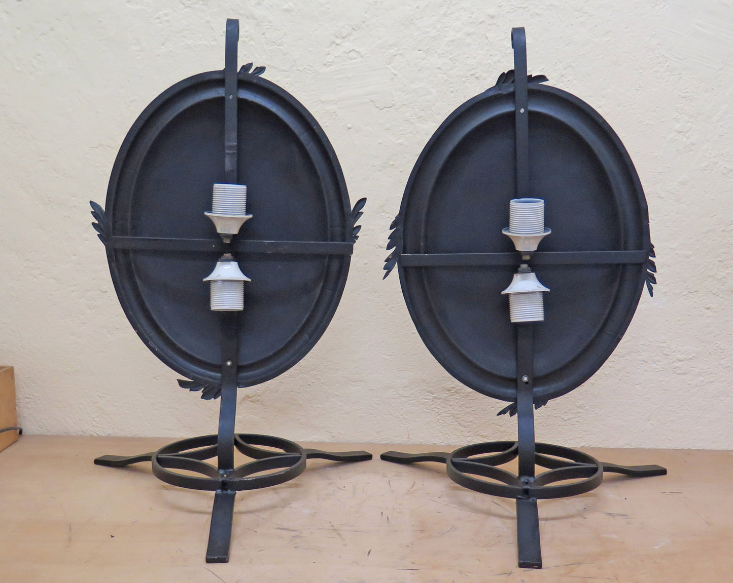 PAIR OF OLD WROUGHT IRON LAMPS WITH OVAL FLOOR SHIELD CH